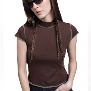 Silence + Noise Brown Cap Sleeve Turtleneck Top